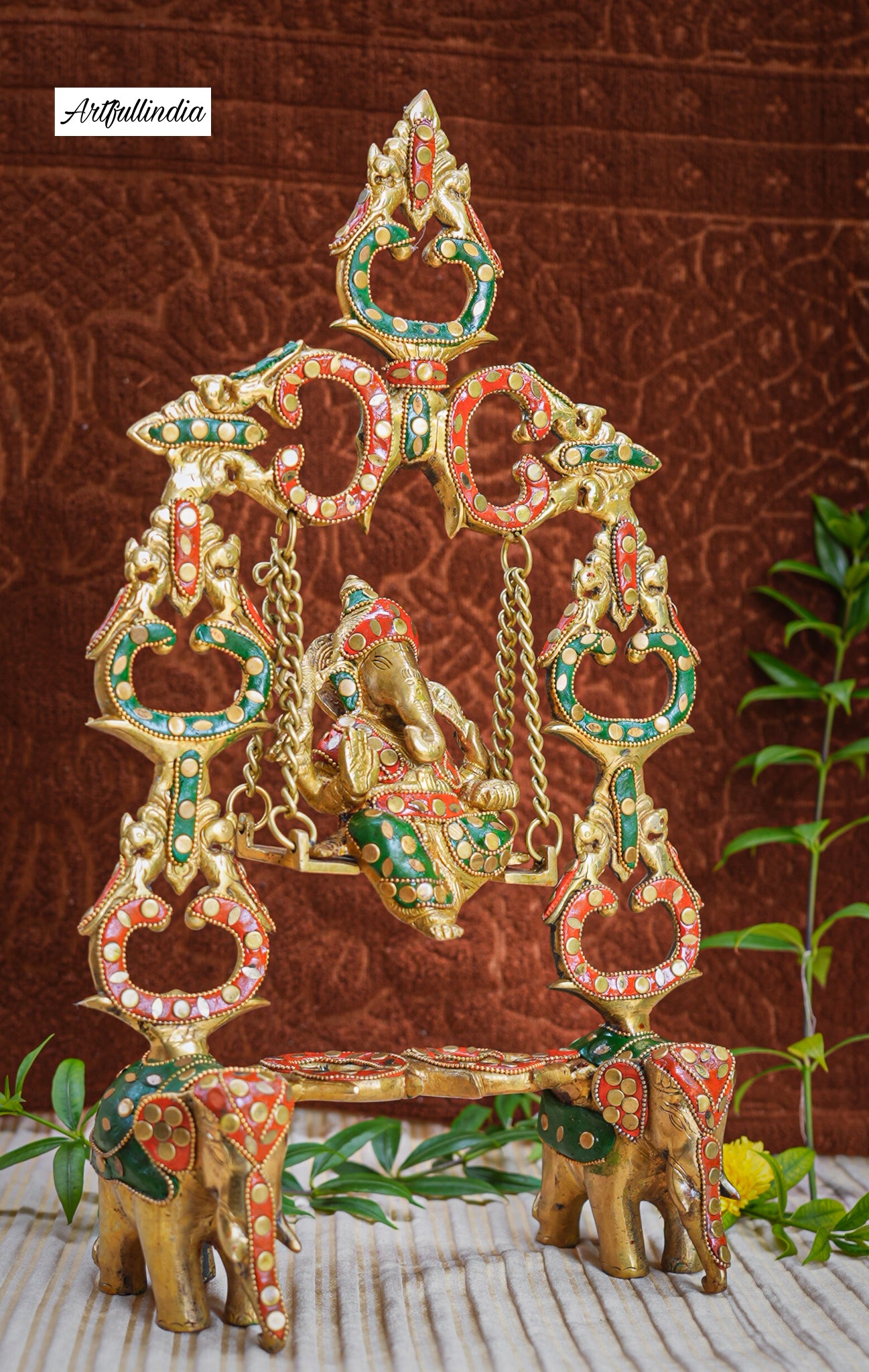 Traditional Brass Ganesha on Colorful Swing (Jhula) – Handcrafted Home Décor & Auspicious Gift