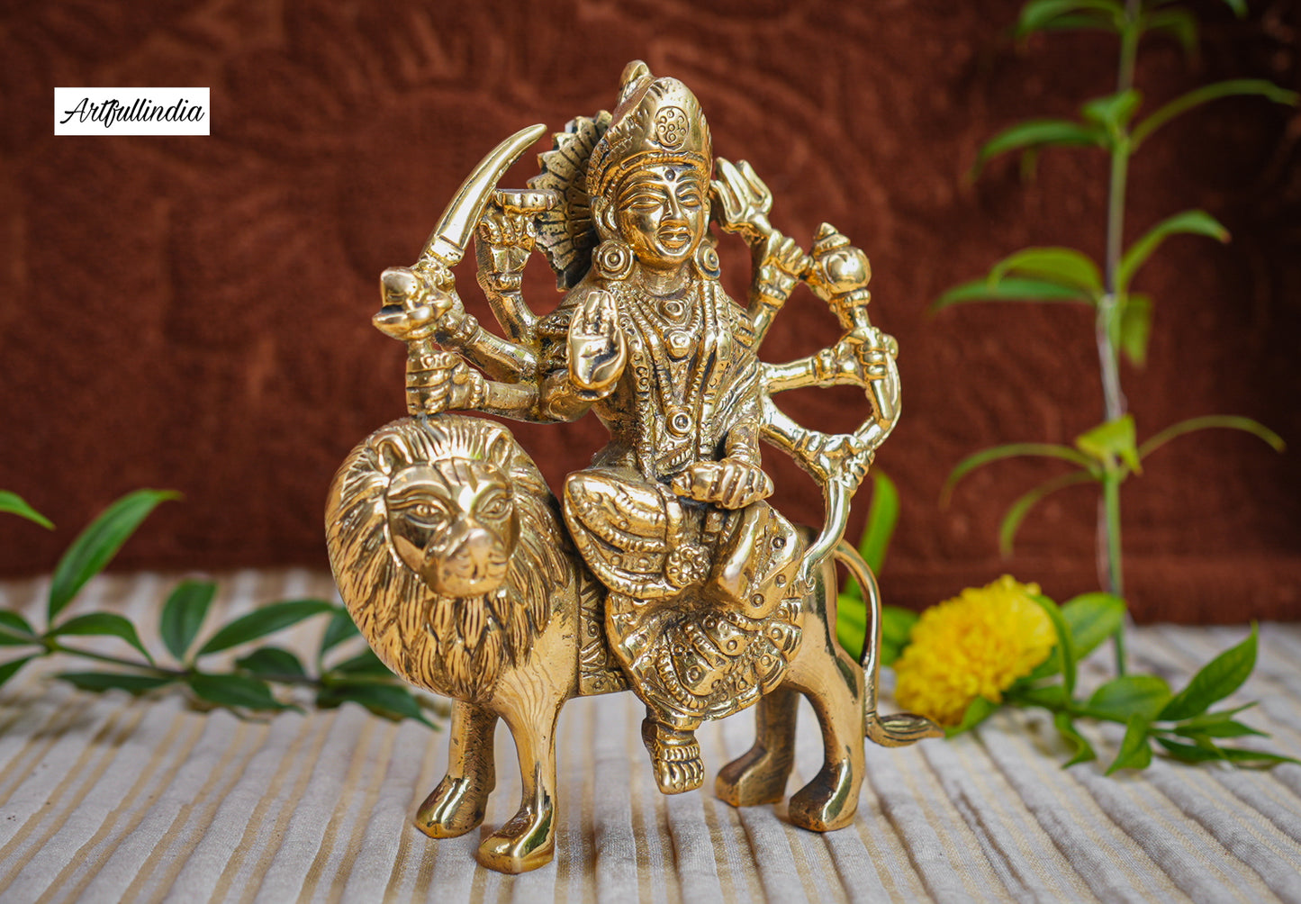 Handcrafted Brass Goddess Durga Idol Riding Lion – Symbol of Power and Protection