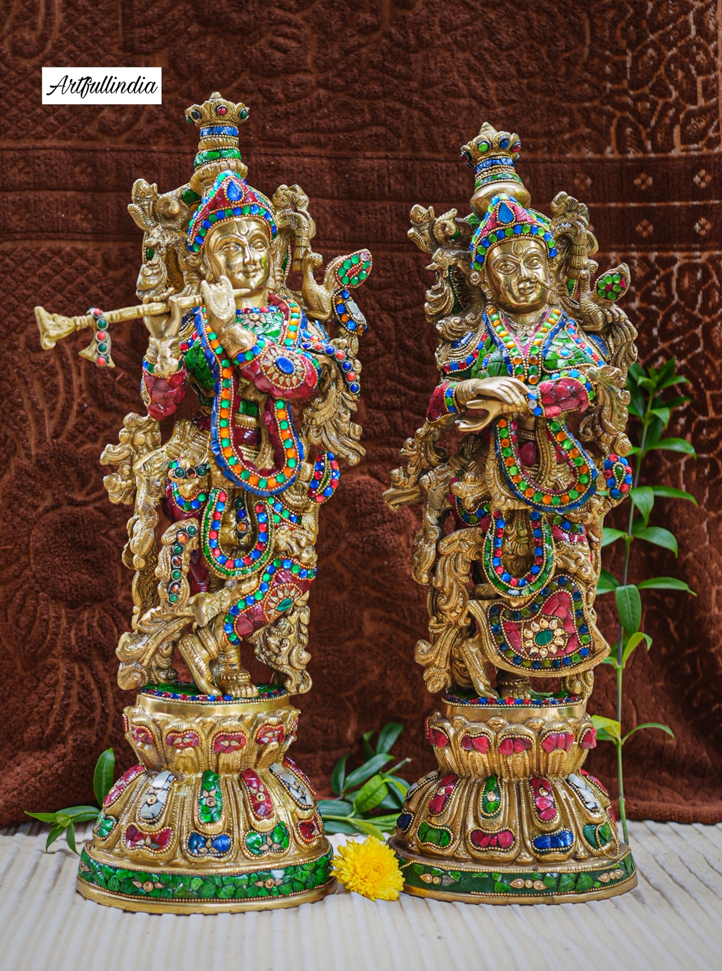 Handcrafted Brass Radha Krishna Idol Set with Vibrant Enamel – Symbol of Eternal Love for Home Décor