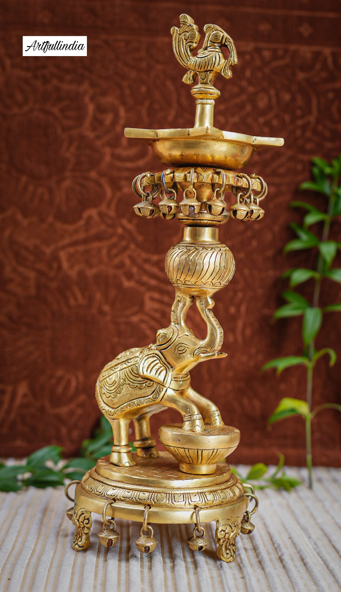 Handcrafted Brass Elephant Oil Lamp with Bells – Traditional Indian Décor for Prayer Rooms and Festivals