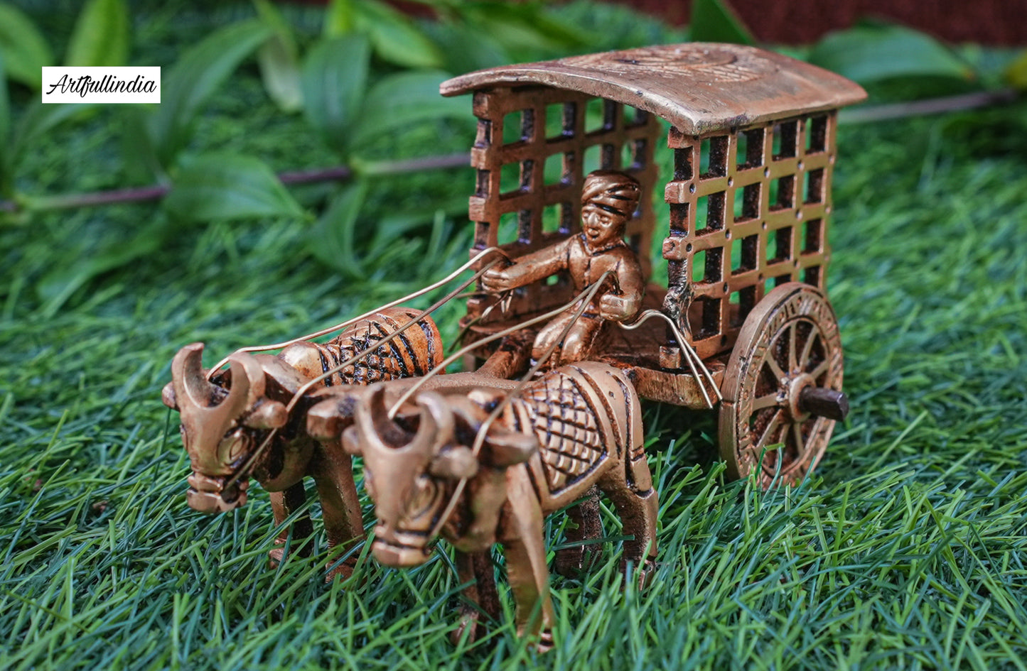 Handcrafted Brass Covered Bullock Cart Showpiece – Rustic Indian Heritage Home Décor