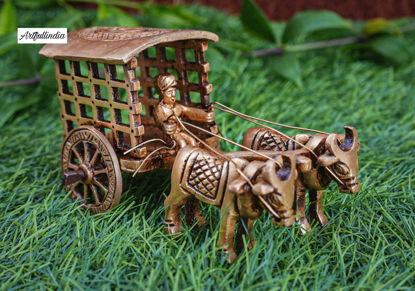 Handcrafted Brass Covered Bullock Cart Showpiece – Rustic Indian Heritage Home Décor