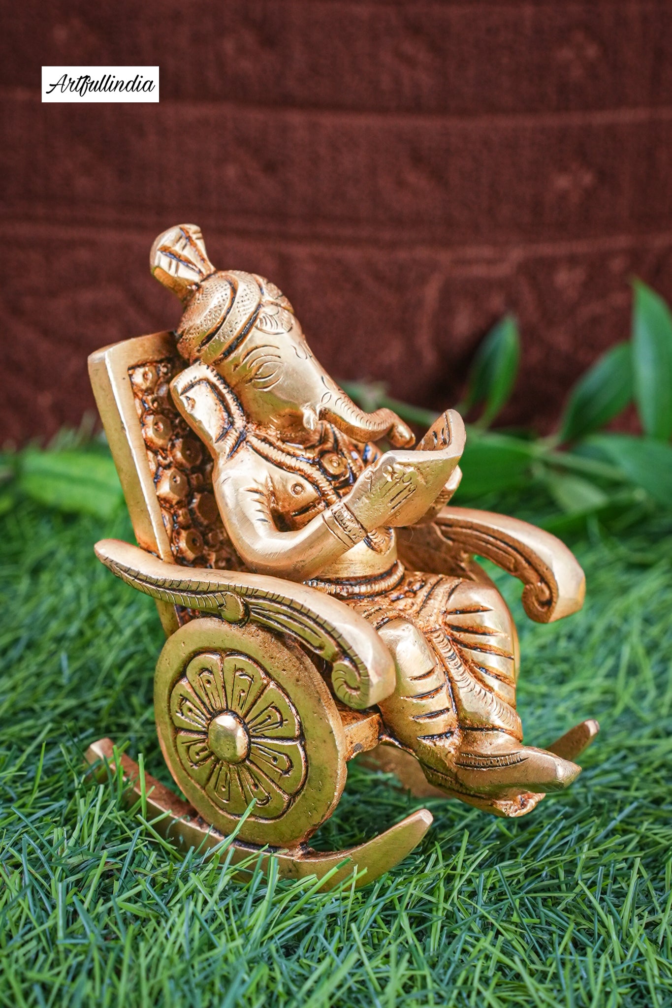Handcrafted Brass Lord Ganesha Reading on a Rocking Chair – Unique Artistic Home Décor