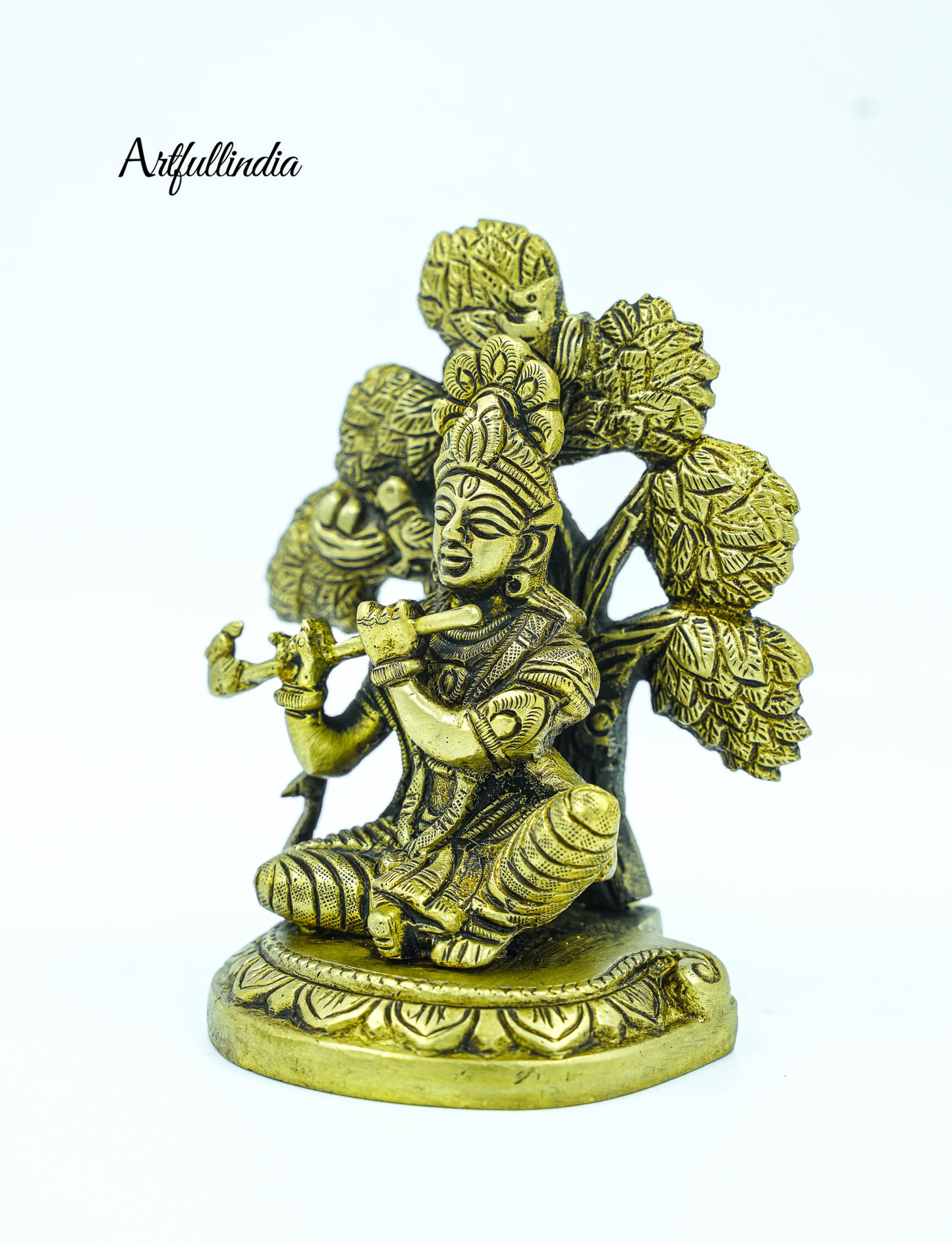 Antique Brass Shri Krishna Under Kalpavriksha – Handcrafted Decorative Idol for Home & Puja
