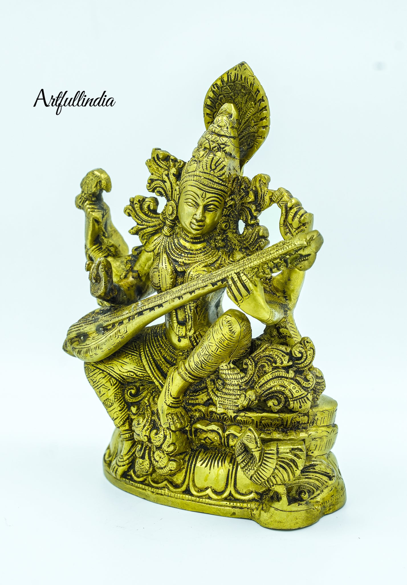 Antique Brass Goddess Saraswati Playing Veena – Handcrafted Idol for Home Décor & Puja