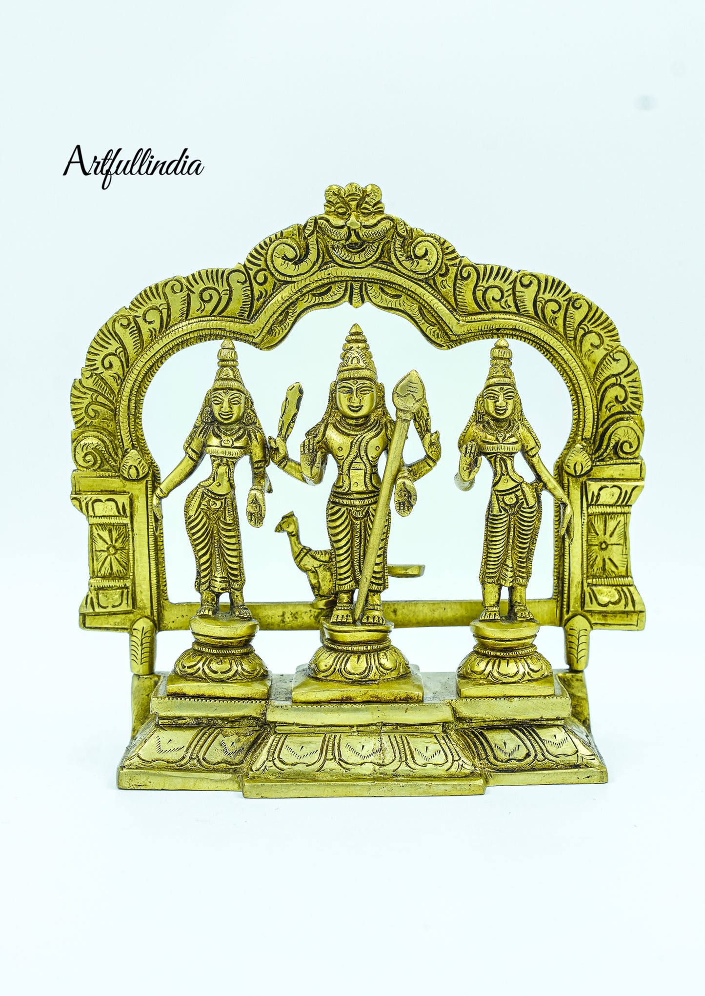 Antique Brass Lord Murugan with Valli and Deivanai – Handcrafted Idol for Home Décor & Puja