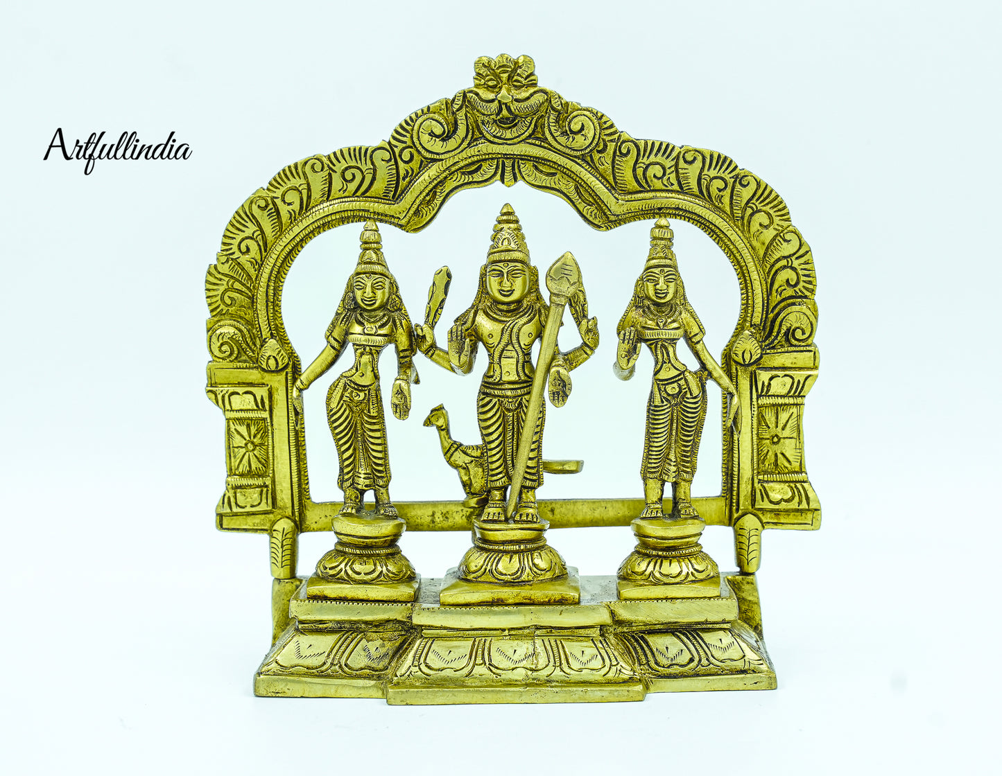 Antique Brass Lord Murugan with Valli and Deivanai – Handcrafted Idol for Home Décor & Puja