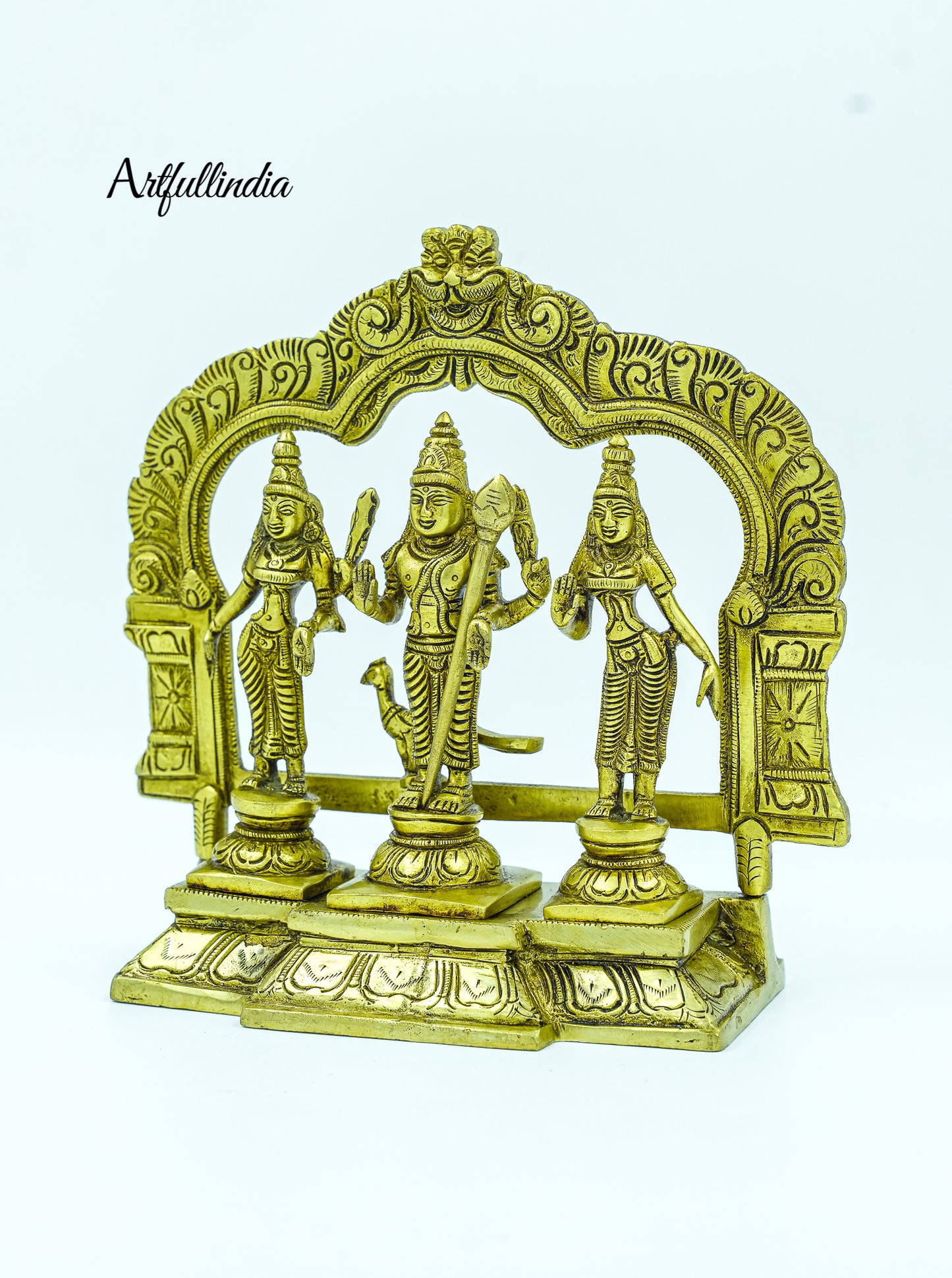 Antique Brass Lord Murugan with Valli and Deivanai – Handcrafted Idol for Home Décor & Puja
