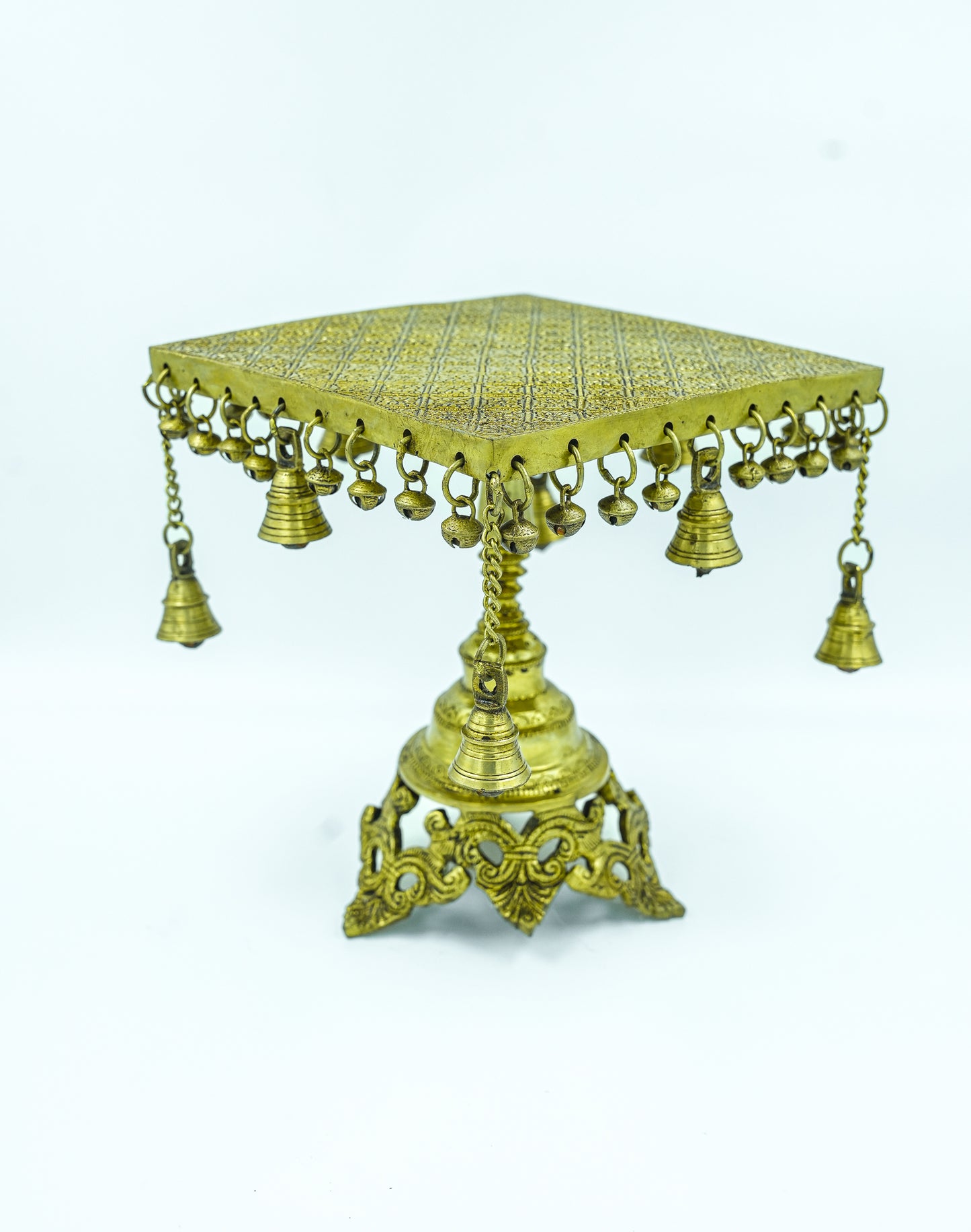 Antique Brass Decorative Pedestal with Hanging Bells – Traditional Temple Stand for Pooja & Home Décor