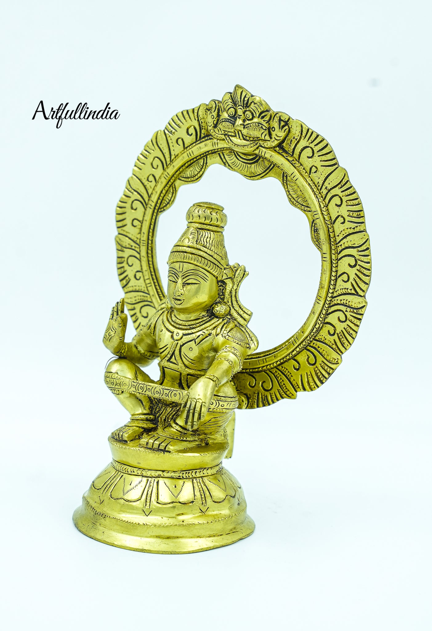 Antique Brass Lord Ayyappa Idol with Arched Frame – Handcrafted Hindu God Sculpture for Home and Pooja Room Décor