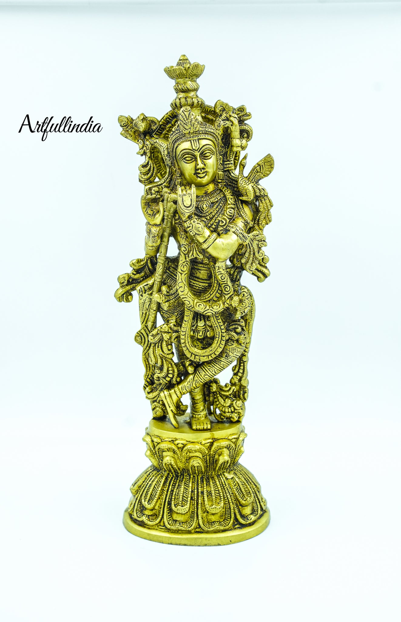 Antique Brass Lord Krishna Standing on Lotus – Intricate Flute-Playing Sculpture for Home Temple and Decor
