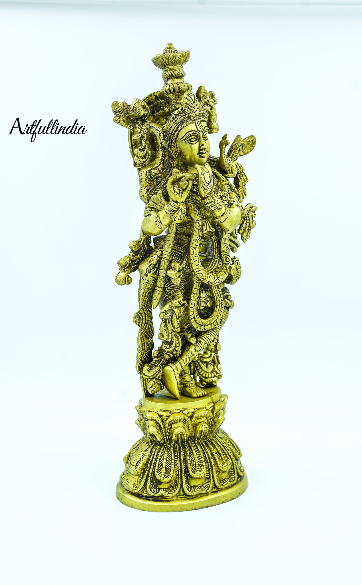 Antique Brass Lord Krishna Standing on Lotus – Intricate Flute-Playing Sculpture for Home Temple and Decor