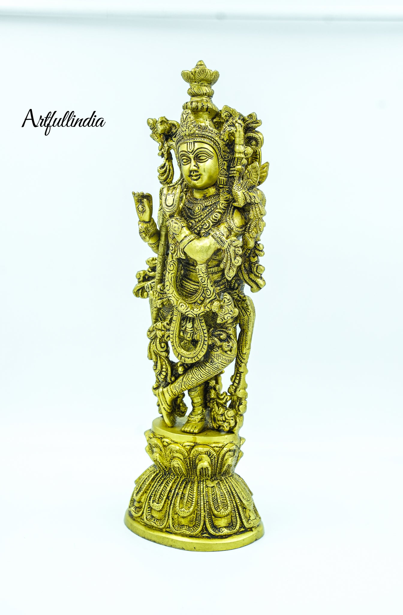 Antique Brass Lord Krishna Standing on Lotus – Intricate Flute-Playing Sculpture for Home Temple and Decor