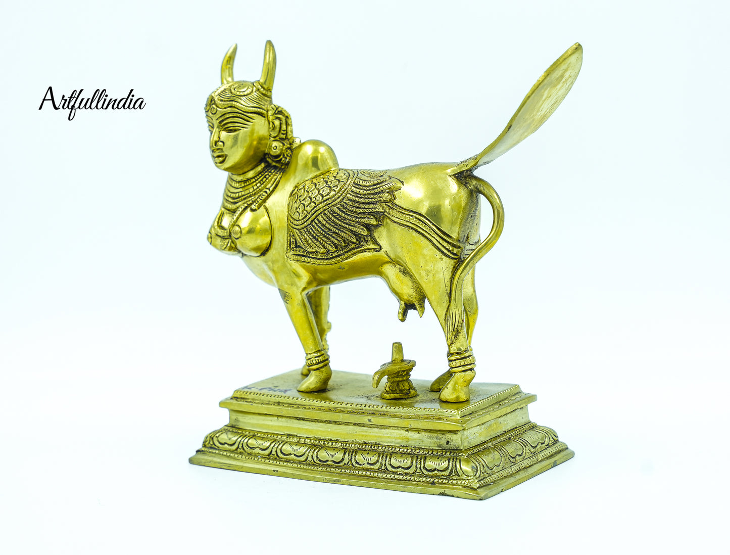 Brass Kamadhenu Performing Abhisheka of Shiva Linga – Sacred Cow God Idol