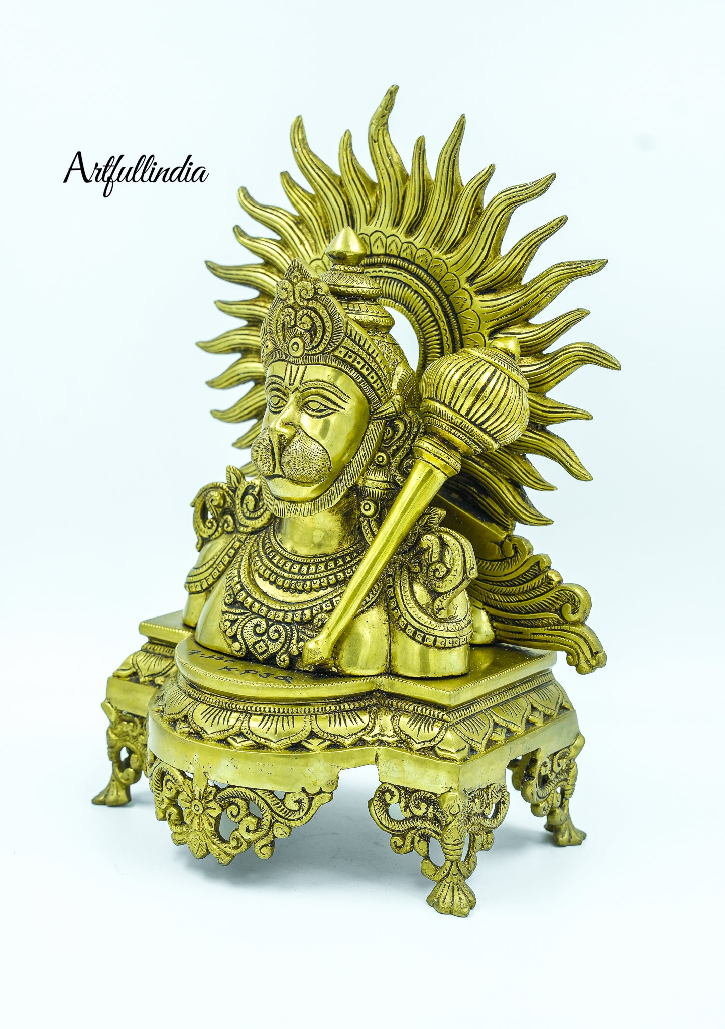 Large Brass Lord Hanuman Bust with Radiant Sun Rays and Gada – Powerful Hindu Idol for Temple, Puja and Home Décor