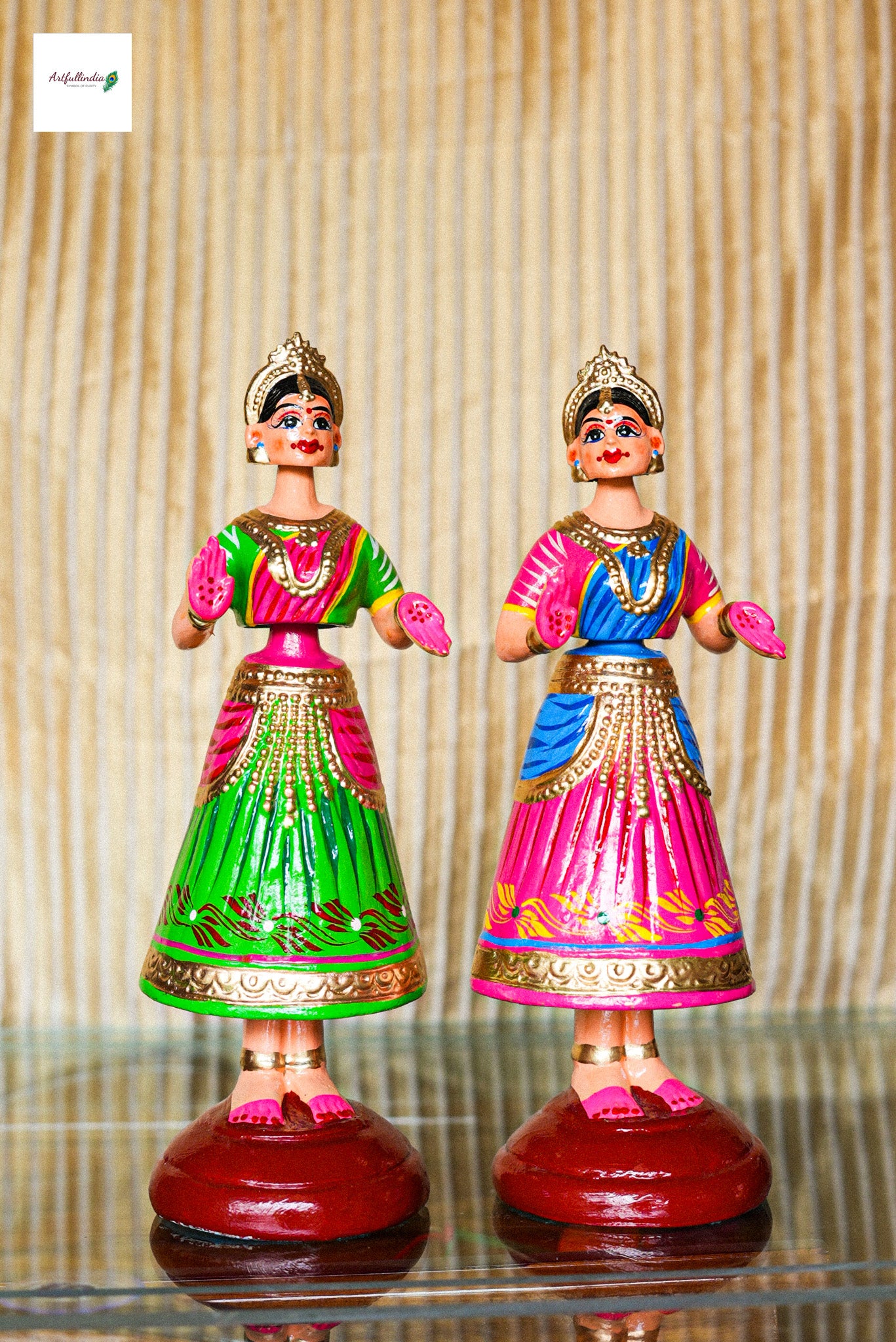 Set of 2 Traditional Bharatanatyam Wooden Dolls – Indian Dance Duo Figurines