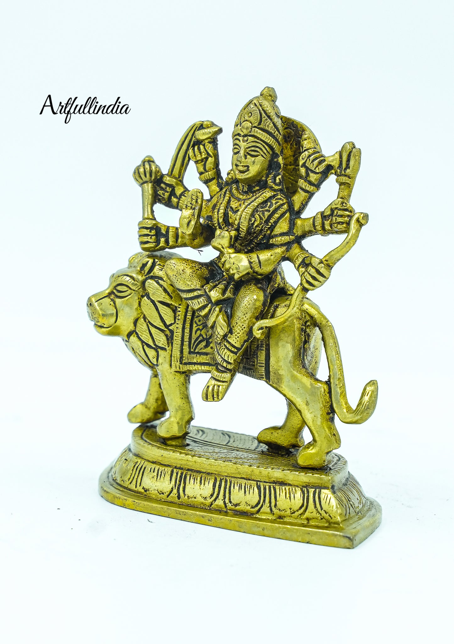 Brass Durga Mata Idol on Lion - Handcrafted Hindu Goddess Statue for Puja & Home Decor