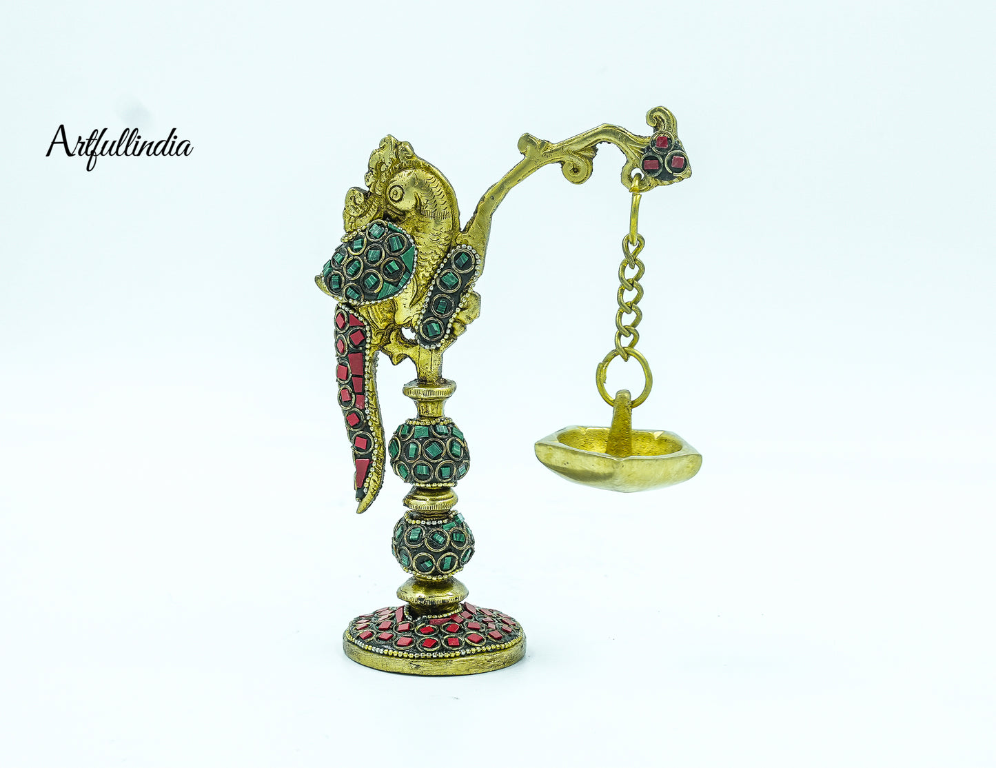 Handcrafted Brass Parrot Hanging Diya with Gemstone Work - Traditional Indian Oil Lamp Pair