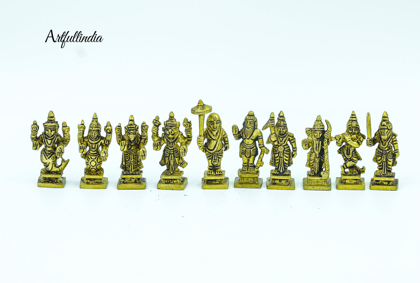 Brass Dashavatara Set - 10 Vishnu Avatars Miniature Statues for Pooja and Decor