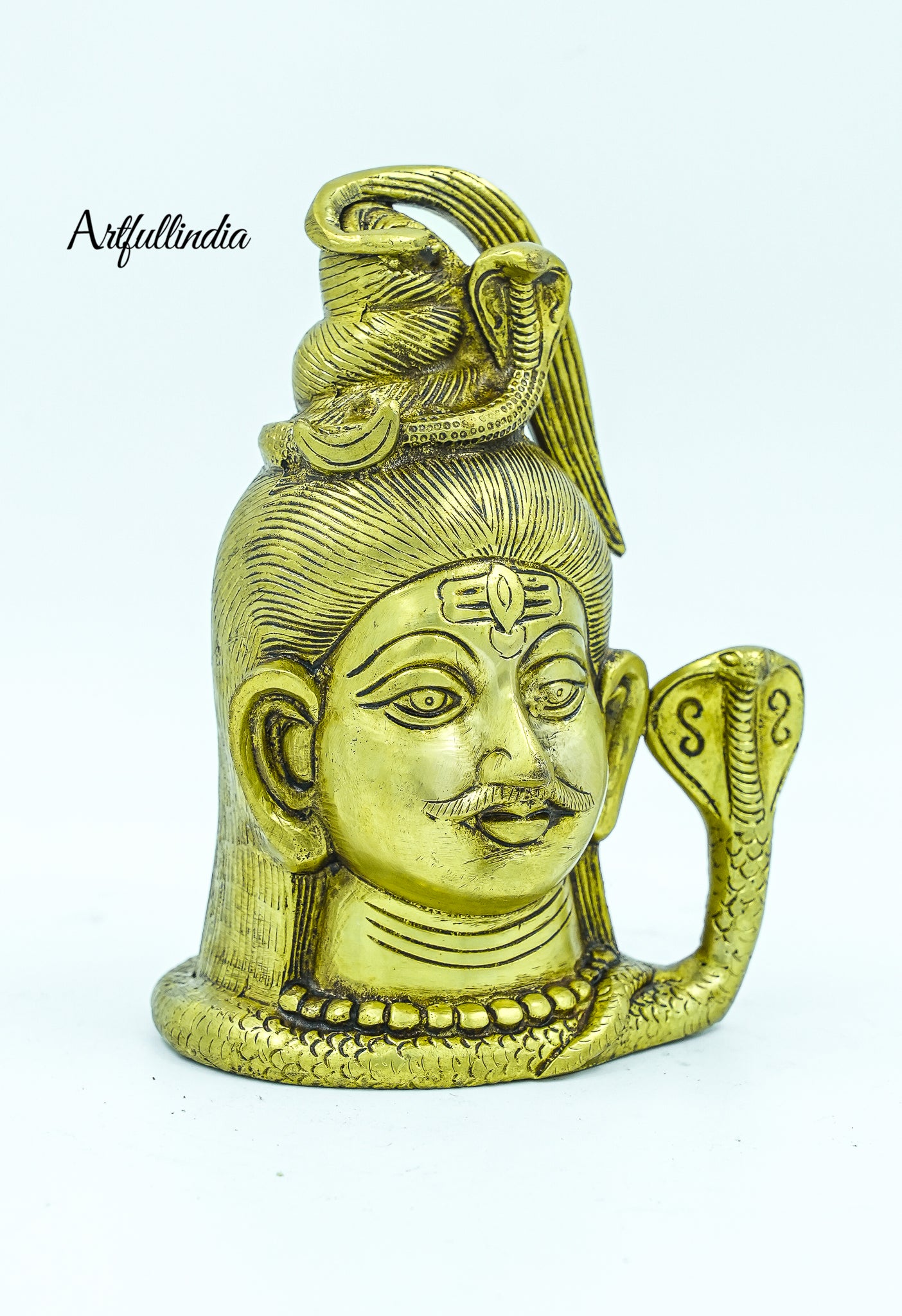 Brass Lord Shiva Bust Statue with Cobra – Handcrafted Hindu Religious Decor for Home and Temple
