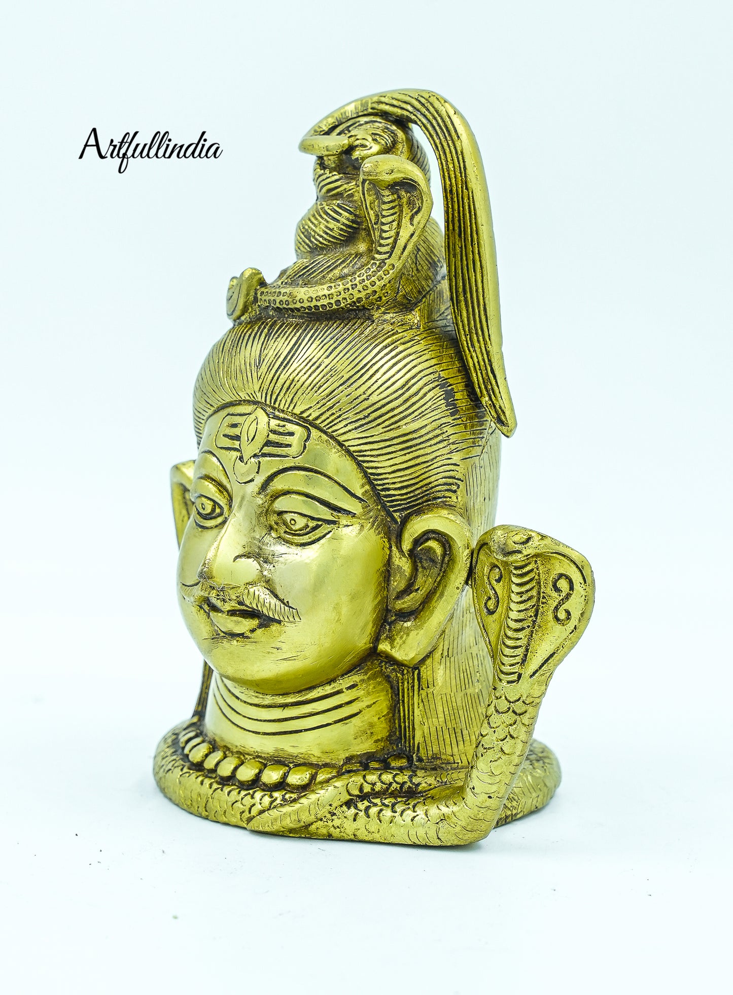 Brass Lord Shiva Bust Statue with Cobra – Handcrafted Hindu Religious Decor for Home and Temple