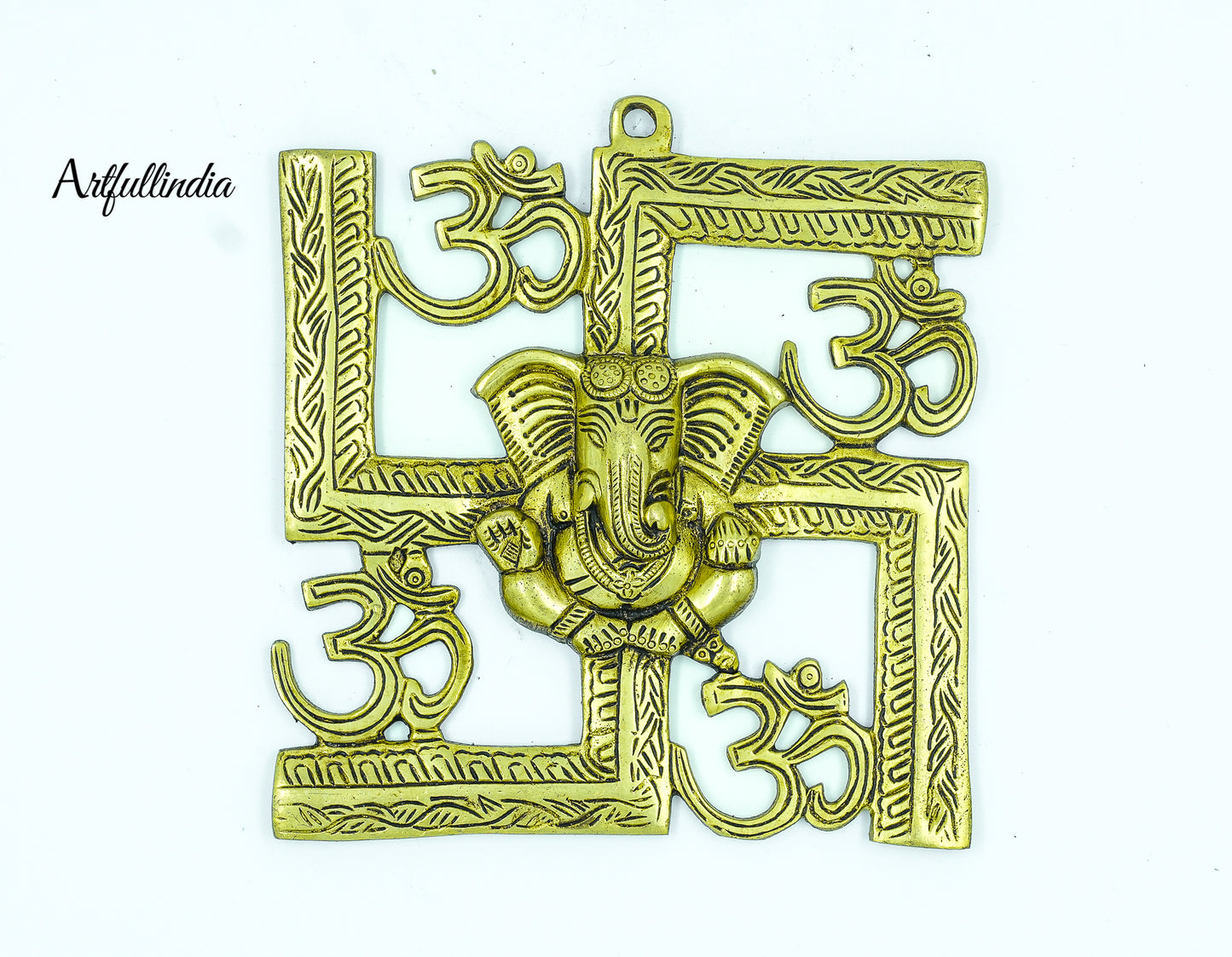 Brass Swastik Wall Hanging with Lord Ganesha and Om Symbols – Auspicious Home Decor for Pooja Room and Vastu
