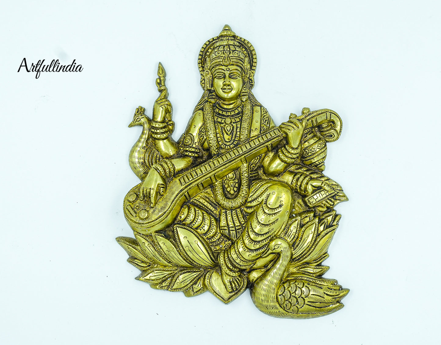 Handcrafted Brass Saraswati Wall Hanging – Elegant Goddess of Knowledge and Arts Décor
