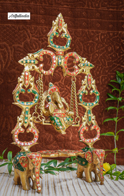 Traditional Brass Ganesha on Colorful Swing (Jhula) – Handcrafted Home Décor & Auspicious Gift