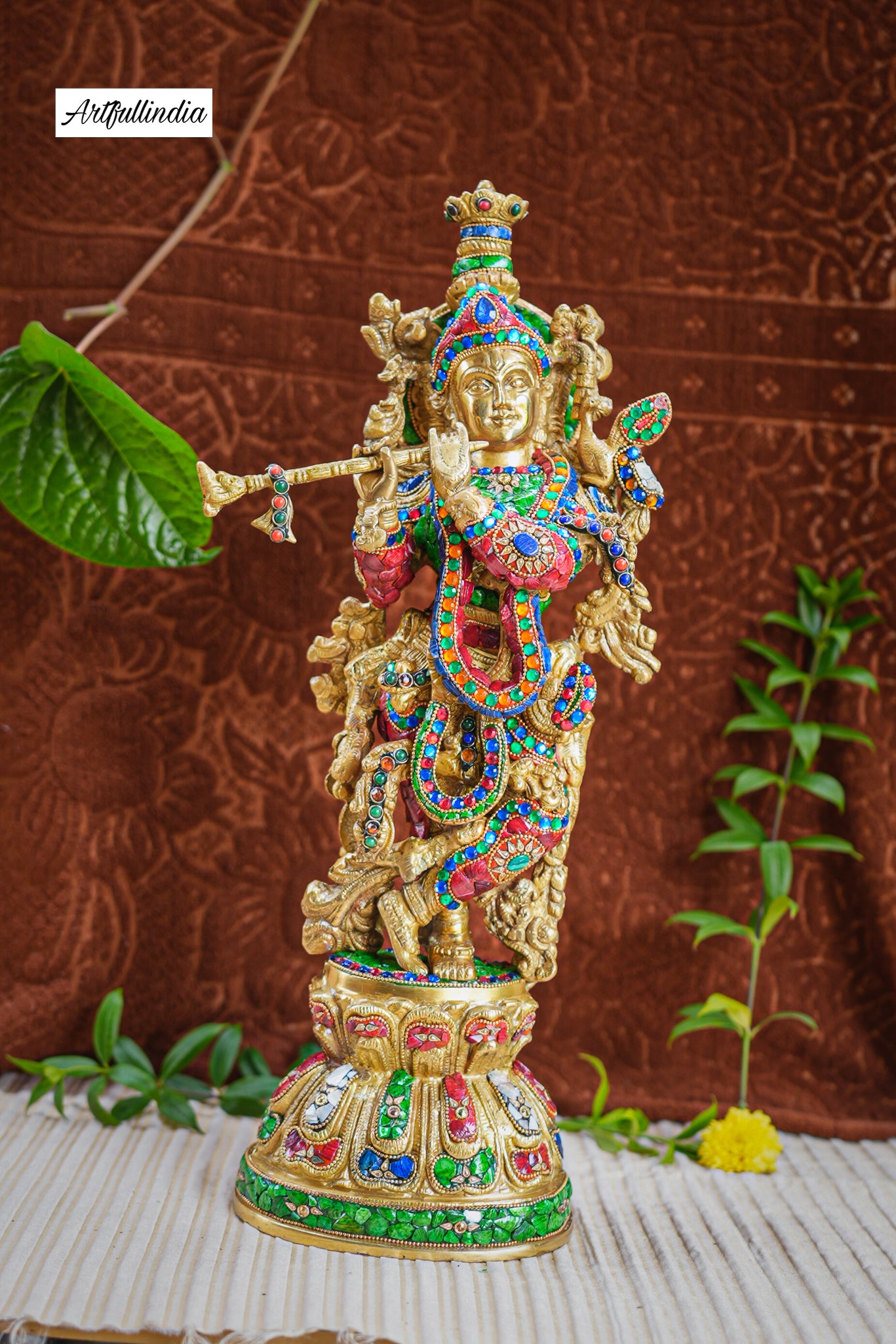 Handcrafted Brass Lord Krishna Idol with Vibrant Enamel – Symbol of Love and Divinity for Home Décor