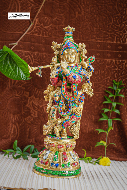 Handcrafted Brass Lord Krishna Idol with Vibrant Enamel – Symbol of Love and Divinity for Home Décor