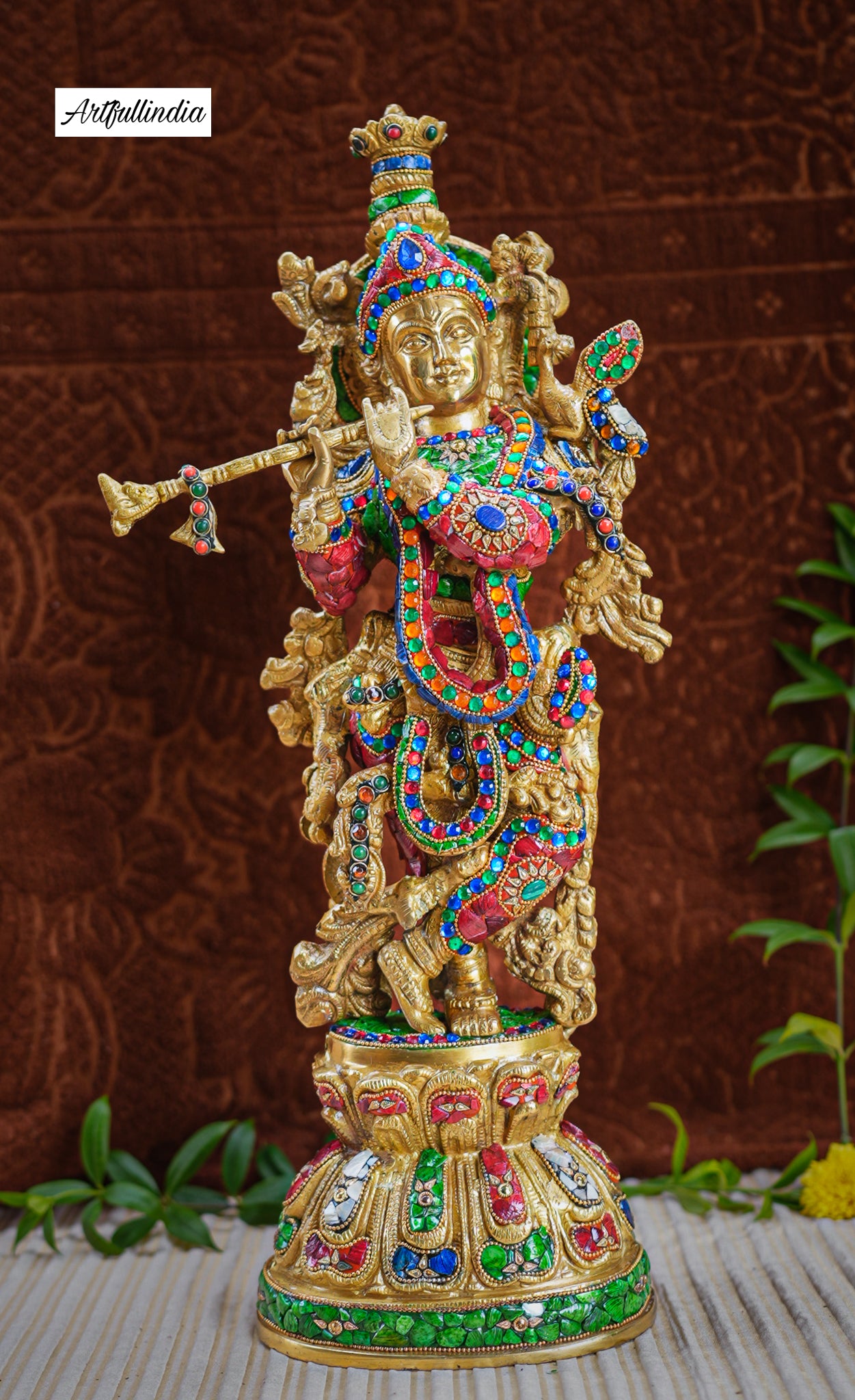 Handcrafted Brass Lord Krishna Idol with Vibrant Enamel – Symbol of Love and Divinity for Home Décor