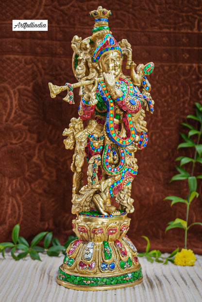 Handcrafted Brass Lord Krishna Idol with Vibrant Enamel – Symbol of Love and Divinity for Home Décor