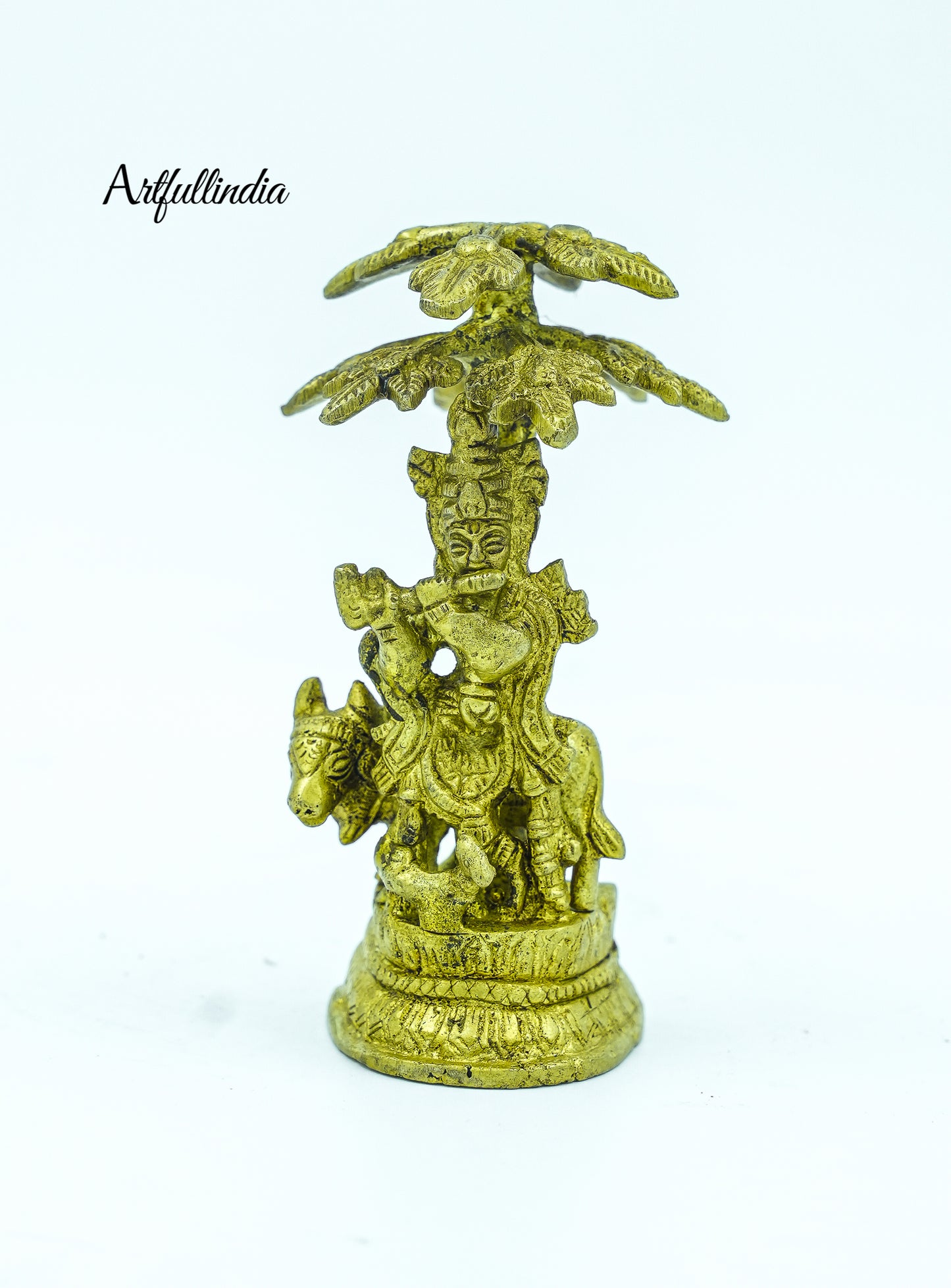 Handcrafted Brass Krishna with Cow under Kalpavriksha Statue - Traditional Indian Art for Pooja & Home Deco